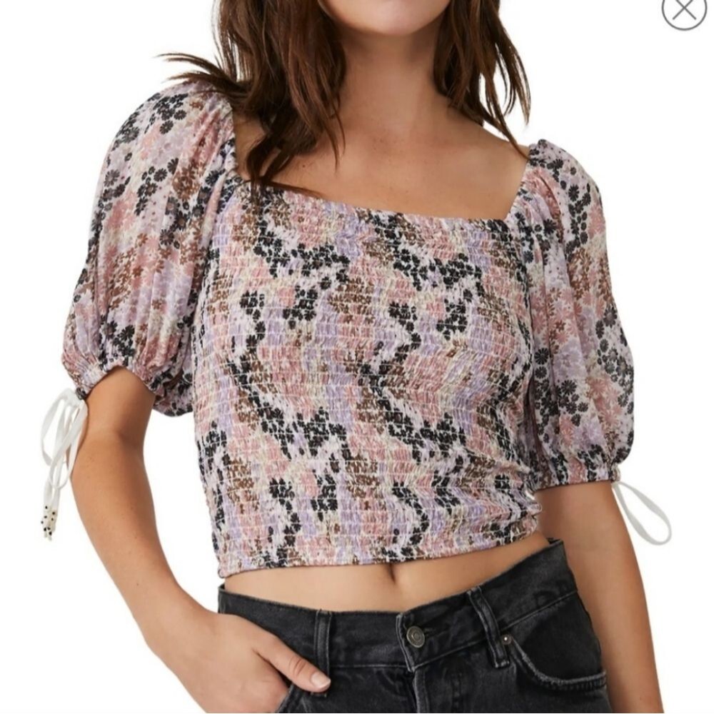 Free People Back On Top Floral Smocked Puff Sleeve Top Size XL Boho